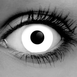Close up of a Gothika White Zombie theatrical contact lens masking a brown eye
