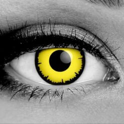 Close up of Gothika Angelic Yellow theatrical contact lens with a jagged black limbal ring, perfect for Sith Lord or werewolf cosplay.